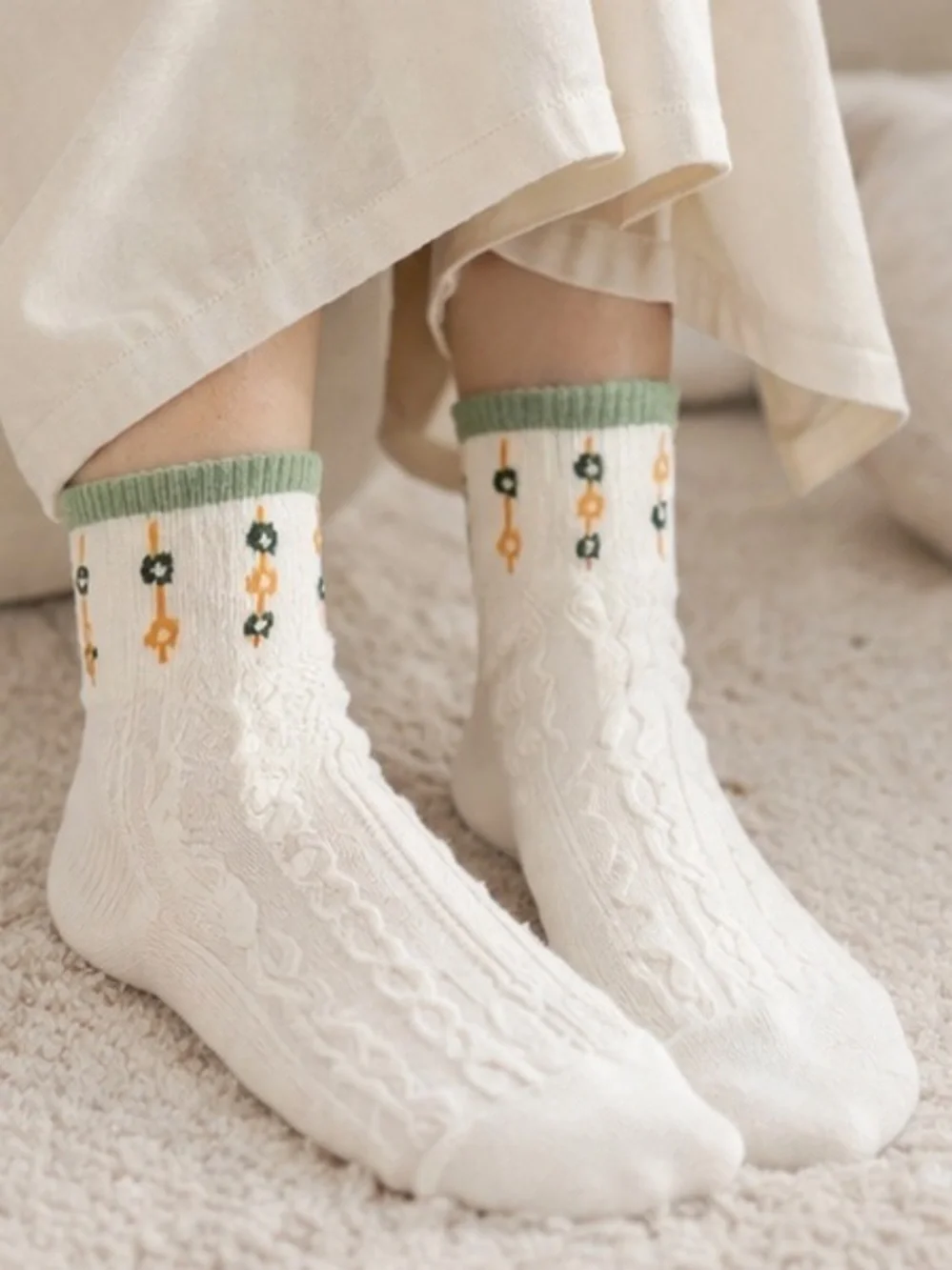Women’s White and Floral Crew Socks with Green Trim - OS